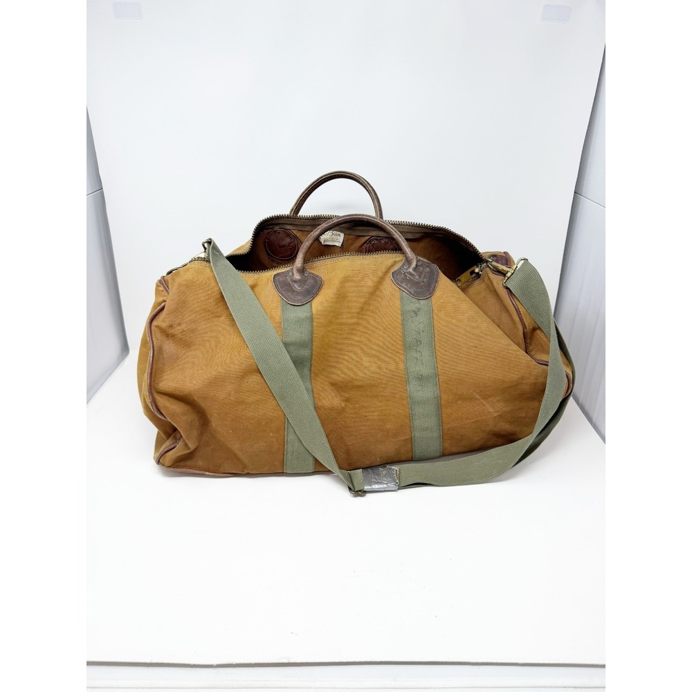 LL Bean Vintage 80s Canvas Duffle Bag Leather Trim Carry On Outdoor Green XL